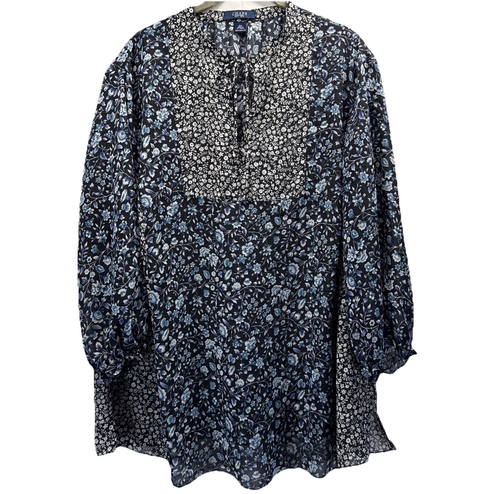 Chaps Women's Top Blouse Sz XXL Mixed Prints Bohemian Long Sleeve Sheer Pullover